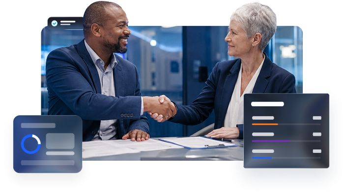 Dois executivos conversando, acompanhados por painéis digitais